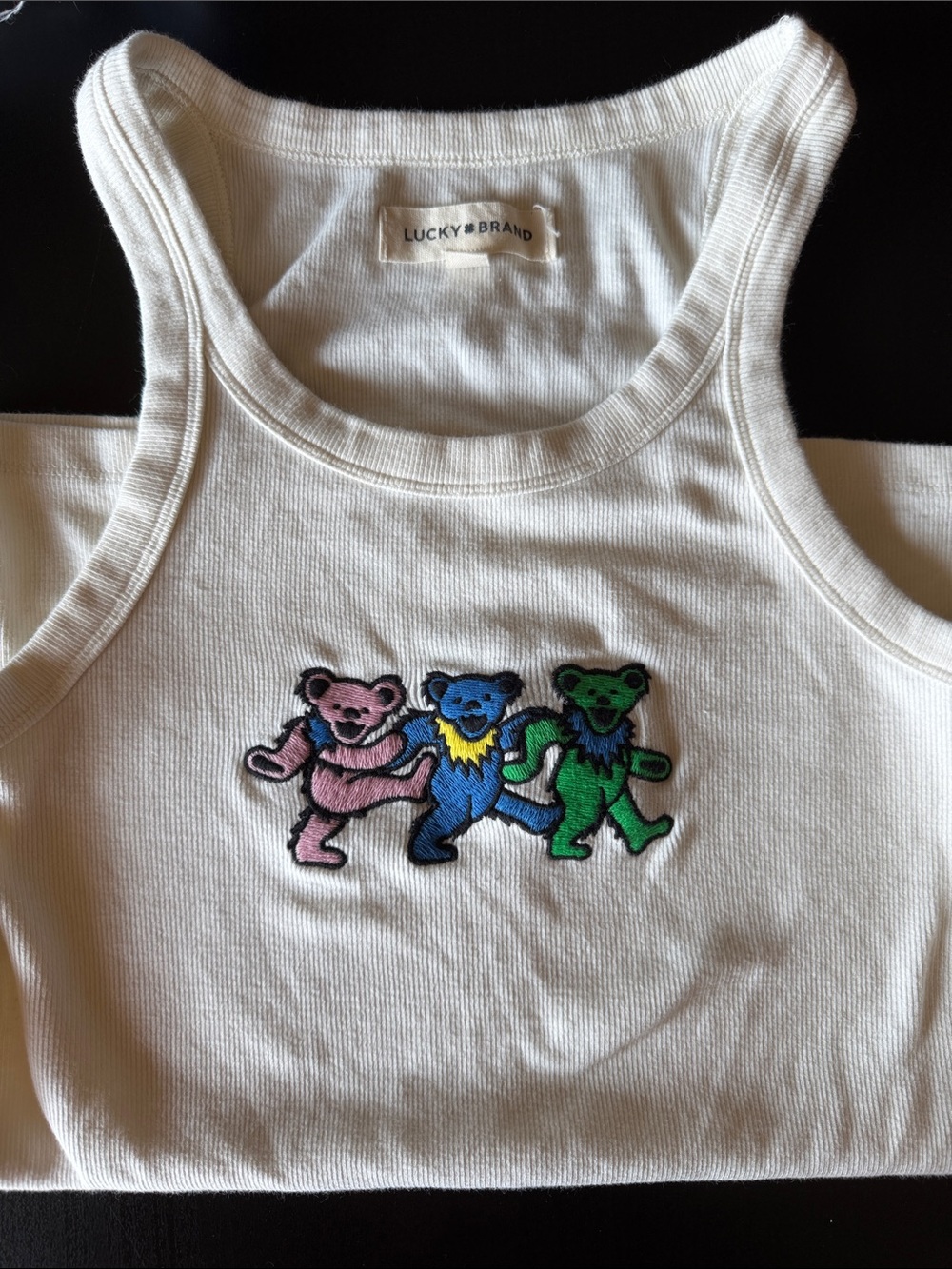 Lucky Brand White Tank Top with Pink, Blue & Green Dancing Bears
